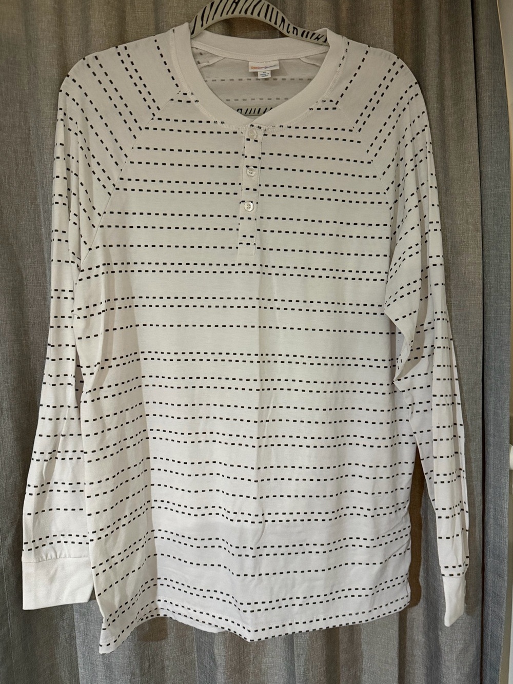 LulaRoe Mark White Long-Sleeve Henley Shirt with Black Stripe Dashes